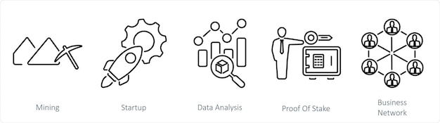 Un conjunto de 5 iconos de Blockchain como análisis de datos de inicio de minería