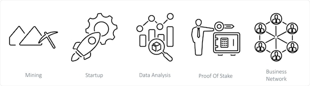 Vector un conjunto de 5 iconos de blockchain como análisis de datos de inicio de minería