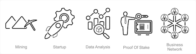 Un conjunto de 5 iconos de Blockchain como análisis de datos de inicio de minería