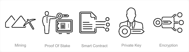 Un conjunto de 5 íconos de Blockchain como contrato inteligente de prueba de participación minera