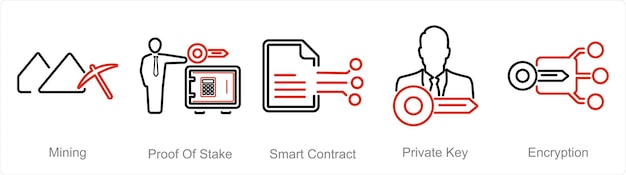 Un conjunto de 5 íconos de Blockchain como contrato inteligente de prueba de participación minera