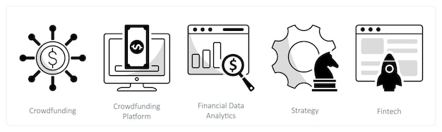 Un conjunto de 5 iconos de blockchain como plataforma de financiación colectiva de financiación colectivo de análisis de datos financieros
