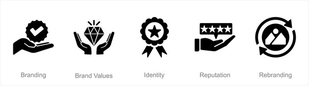 Un conjunto de 5 iconos de Branding como marca de identidad de valores de marca