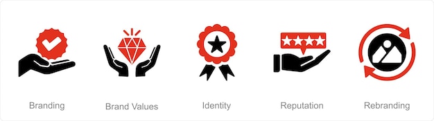 Un conjunto de 5 iconos de Branding como marca de identidad de valores de marca