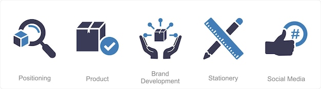 Un conjunto de 5 iconos de Branding como posicionamiento de desarrollo de marca de producto.