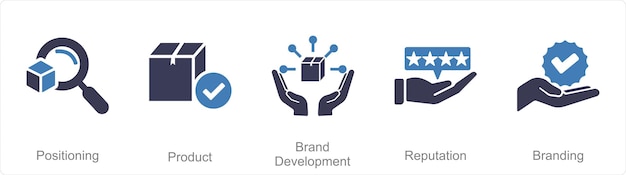 Un conjunto de 5 iconos de Branding como posicionamiento de desarrollo de marca de producto.