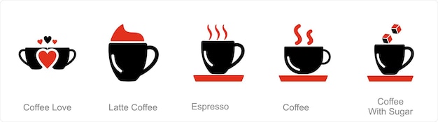 Un conjunto de 5 iconos de café como café amor café con leche espresso