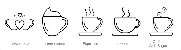 Un conjunto de 5 iconos de café como café amor café con leche espresso