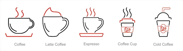 Un conjunto de 5 íconos de café como café latte café espresso