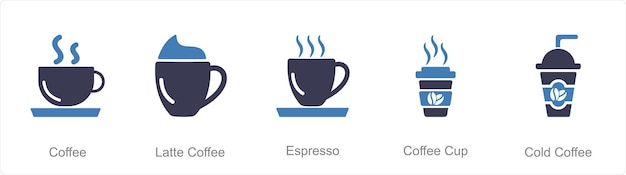Un conjunto de 5 iconos de café como café con leche, café expreso