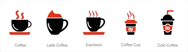 Un conjunto de 5 iconos de café como café con leche, café expreso