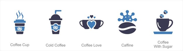 Un conjunto de 5 íconos de café como taza de café café frío café amor