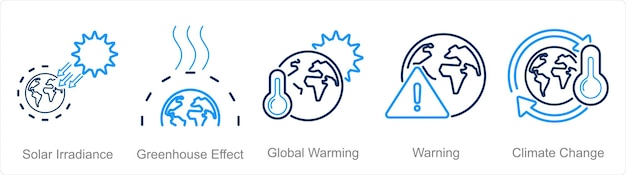 Un conjunto de 5 iconos del cambio climático como irradiancia solar efecto invernadero calentamiento global