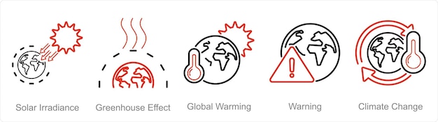 Un conjunto de 5 iconos del cambio climático como irradiancia solar efecto invernadero calentamiento global