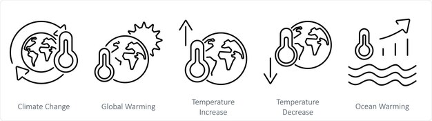Un conjunto de 5 íconos del cambio climático a medida que el cambio climático aumenta la temperatura del calentamiento global