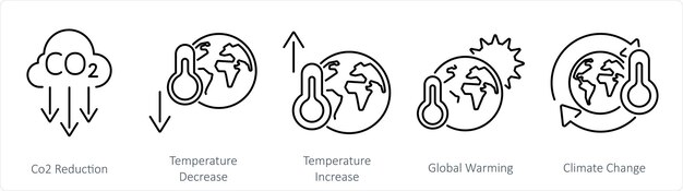 Un conjunto de 5 iconos de cambio climático a medida que la reducción de CO2 disminuye la temperatura y aumenta la temperatura