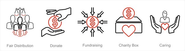 Un conjunto de 5 íconos de caridad y donación como distribución justa para recaudar fondos