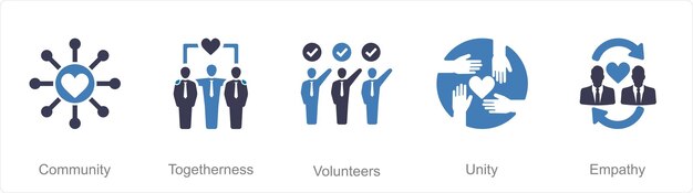 Un conjunto de 5 íconos de caridad y donaciones como voluntarios de unión comunitaria