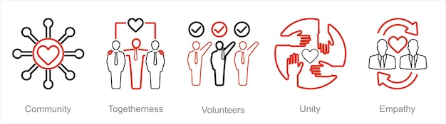 Un conjunto de 5 íconos de caridad y donaciones como voluntarios de unión comunitaria
