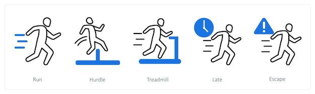 Un conjunto de 5 iconos de carrera como una cinta de correr con obstáculos