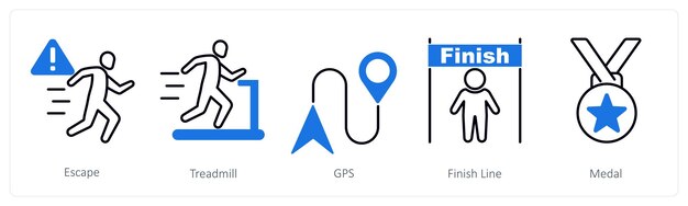 Un conjunto de 5 íconos de carrera como GPS de escape en la cinta de correr