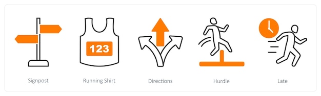 Un conjunto de 5 iconos de carrera como señales de dirección de la camisa de carrera