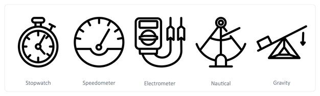 Un conjunto de 5 iconos científicos como el cronómetro, el velocímetro y el electrómetro