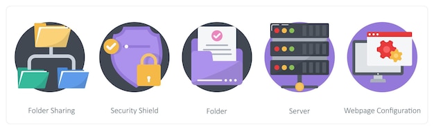 Un conjunto de 5 iconos comerciales como carpeta de compartición de la carpeta de escudo de seguridad
