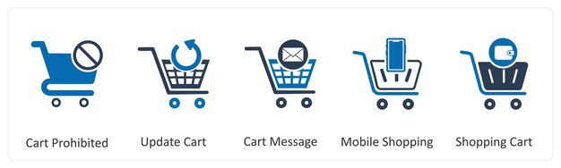 Un conjunto de 5 íconos comerciales como carrito prohibido actualización del mensaje del carrito del carrito
