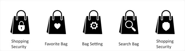 Un conjunto de 5 iconos comerciales como configuración de la bolsa favorita de seguridad de compras