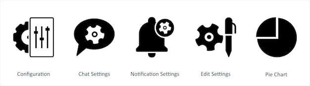 Un conjunto de 5 iconos comerciales como configuraciones de chat y configuraciones de notificación