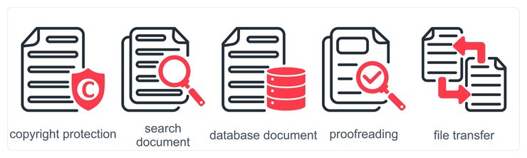 Vector un conjunto de 5 iconos comerciales como documento de base de datos de búsqueda de protección de derechos de autor