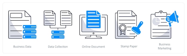 Un conjunto de 5 iconos comerciales como documento en línea de recopilación de datos comerciales