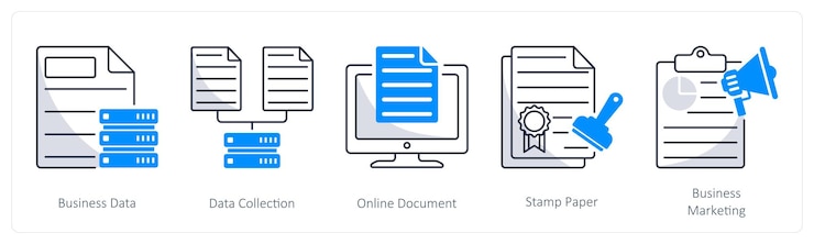 Vector un conjunto de 5 iconos comerciales como documento en línea de recopilación de datos comerciales