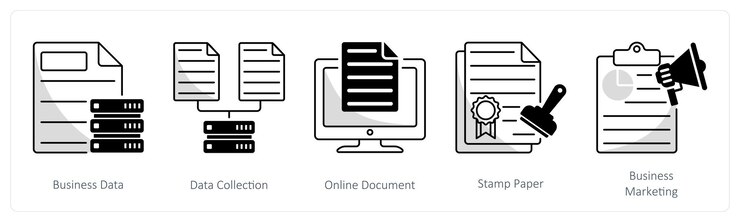 Vector un conjunto de 5 iconos comerciales como documento en línea de recopilación de datos comerciales