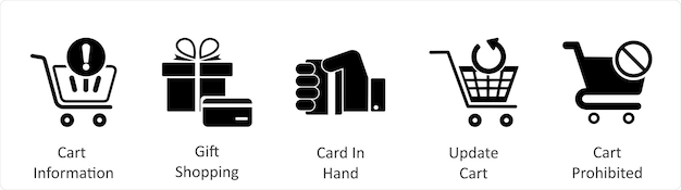 Un conjunto de 5 iconos comerciales como información de carrito tarjeta de compras de regalo en la mano