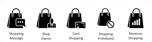 Un conjunto de 5 íconos comerciales como mensajes de compras, tarjetas de compra del propietario de la tienda