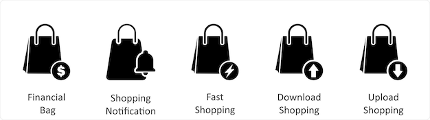 Un conjunto de 5 íconos comerciales como notificación de compras de bolsa financiera compras rápidas