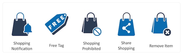 Un conjunto de 5 iconos comerciales como notificación de compras etiqueta gratuita compras prohibidas