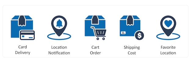 Un conjunto de 5 iconos comerciales como tarjeta de notificación de ubicación de entrega de la orden del carrito