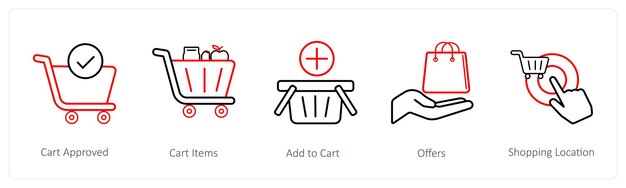 Un conjunto de 5 iconos de comercio electrónico y compras, como los artículos del carrito aprobados
