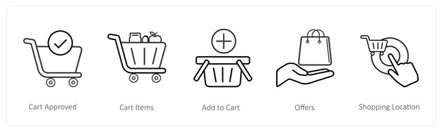 Un conjunto de 5 iconos de comercio electrónico y compras, como los artículos del carrito aprobados