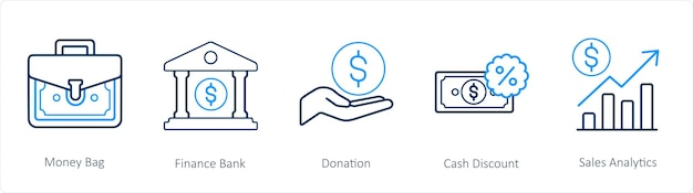 Un conjunto de 5 iconos de comercio electrónico y compras, como la bolsa de dinero, la donación bancaria de finanzas