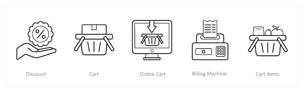 Un conjunto de 5 iconos de comercio electrónico y compras como el carrito de descuento en línea