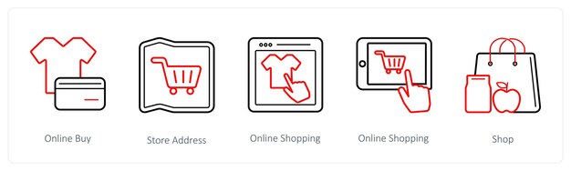 Un conjunto de 5 iconos de comercio electrónico y compras, como la dirección de la tienda de compra en línea