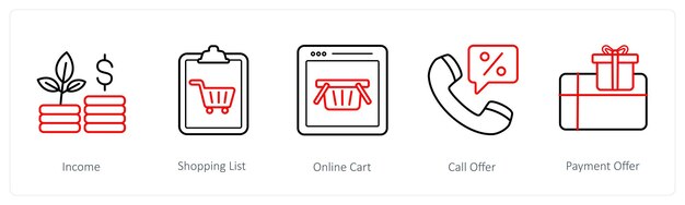 Un conjunto de 5 iconos de comercio electrónico y compras, como la lista de compras de ingresos
