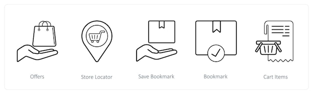 Un conjunto de 5 iconos de comercio electrónico y compras como ofertas localizador de tiendas guardar marcador