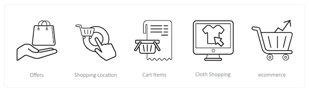 Un conjunto de 5 iconos de comercio electrónico y compras, como ofertas de ubicación de compras