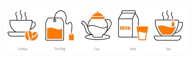 Un conjunto de 5 iconos de comida y bebida como té de café en bolsa de té