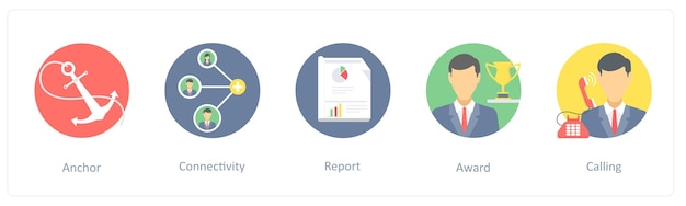 Un conjunto de 5 iconos como el informe de conectividad de anclaje